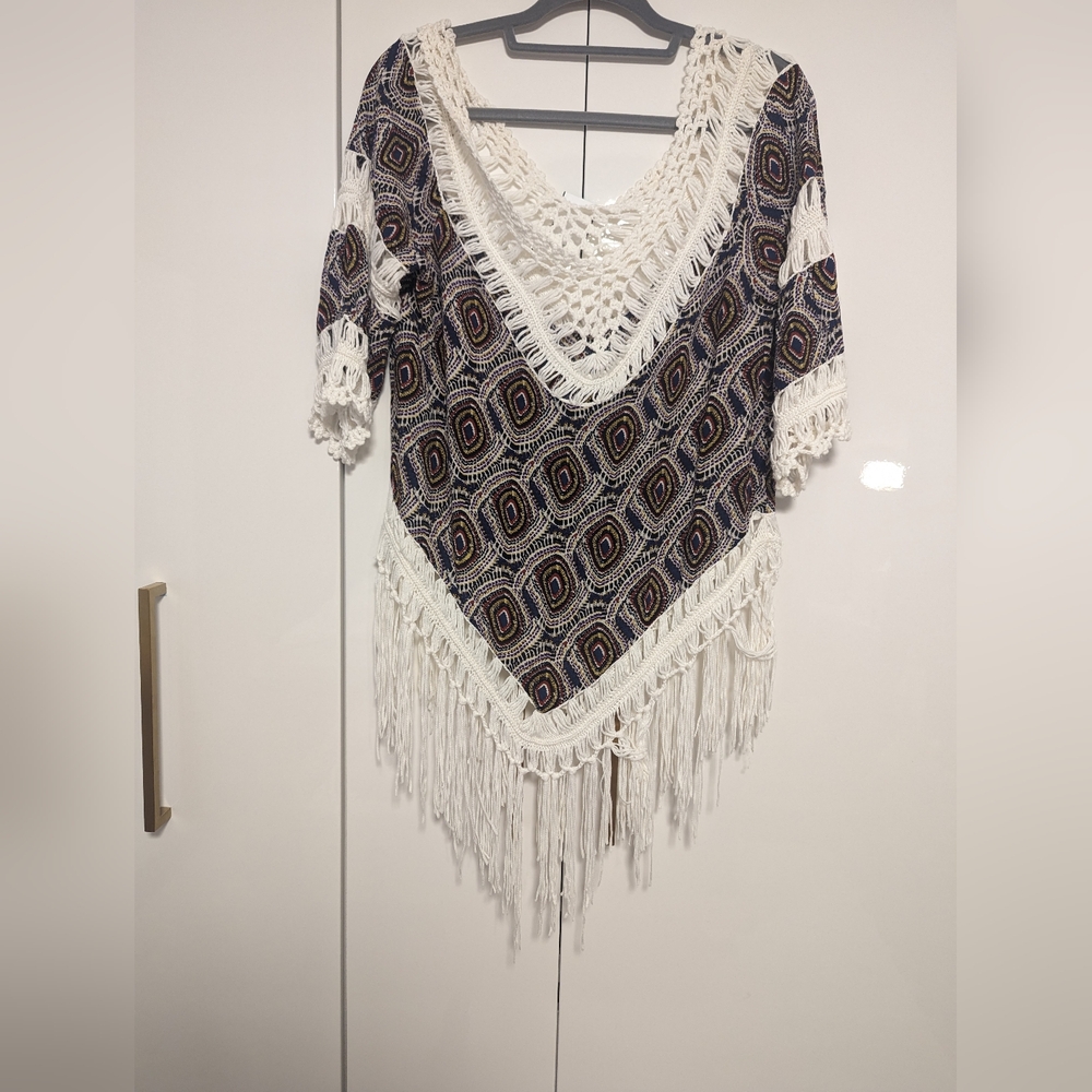 Cotton Blend Boho Blouse with Fringe